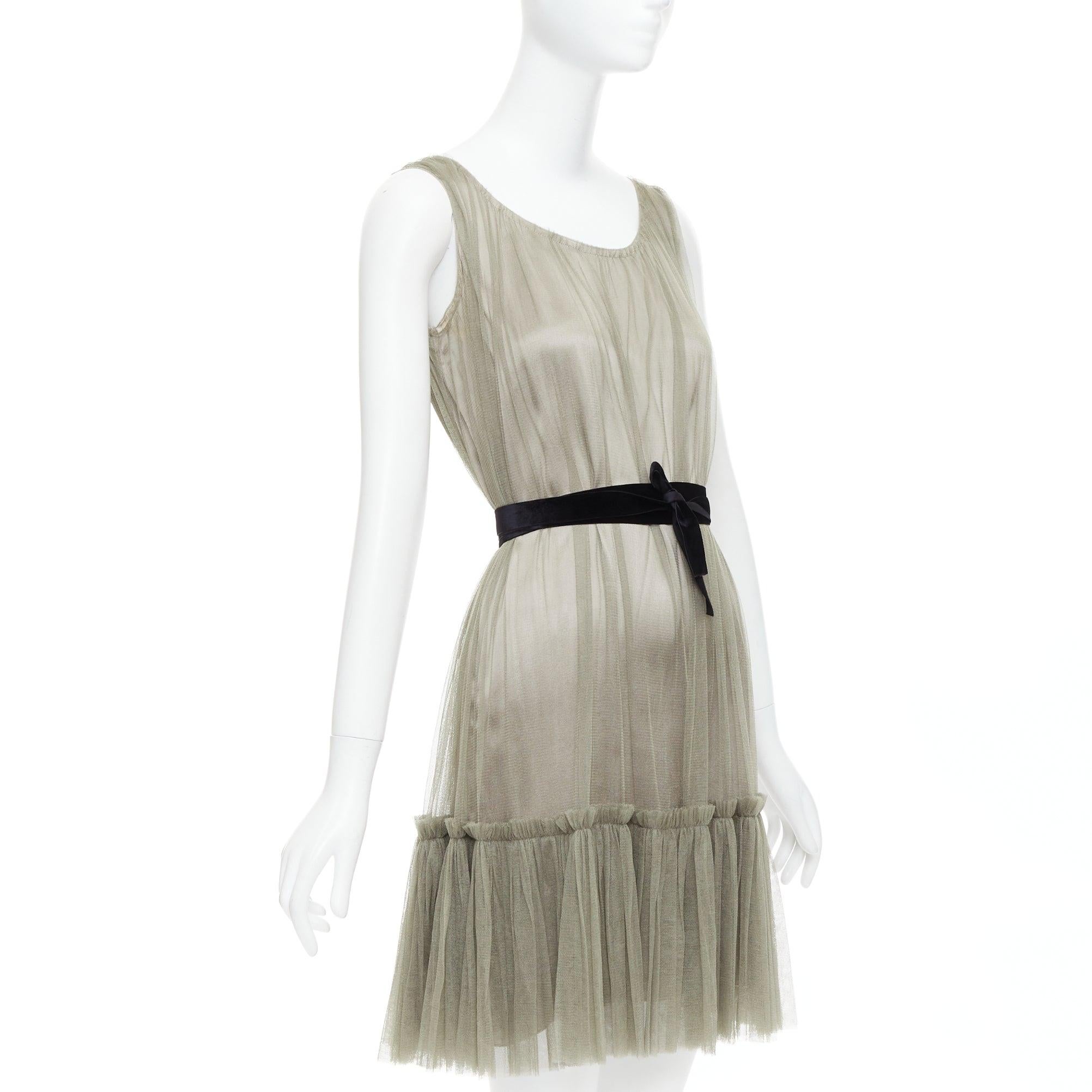 Gray LANVIN 2006 100% silk olive green sheer tulle belted cocktail dress FR36 S