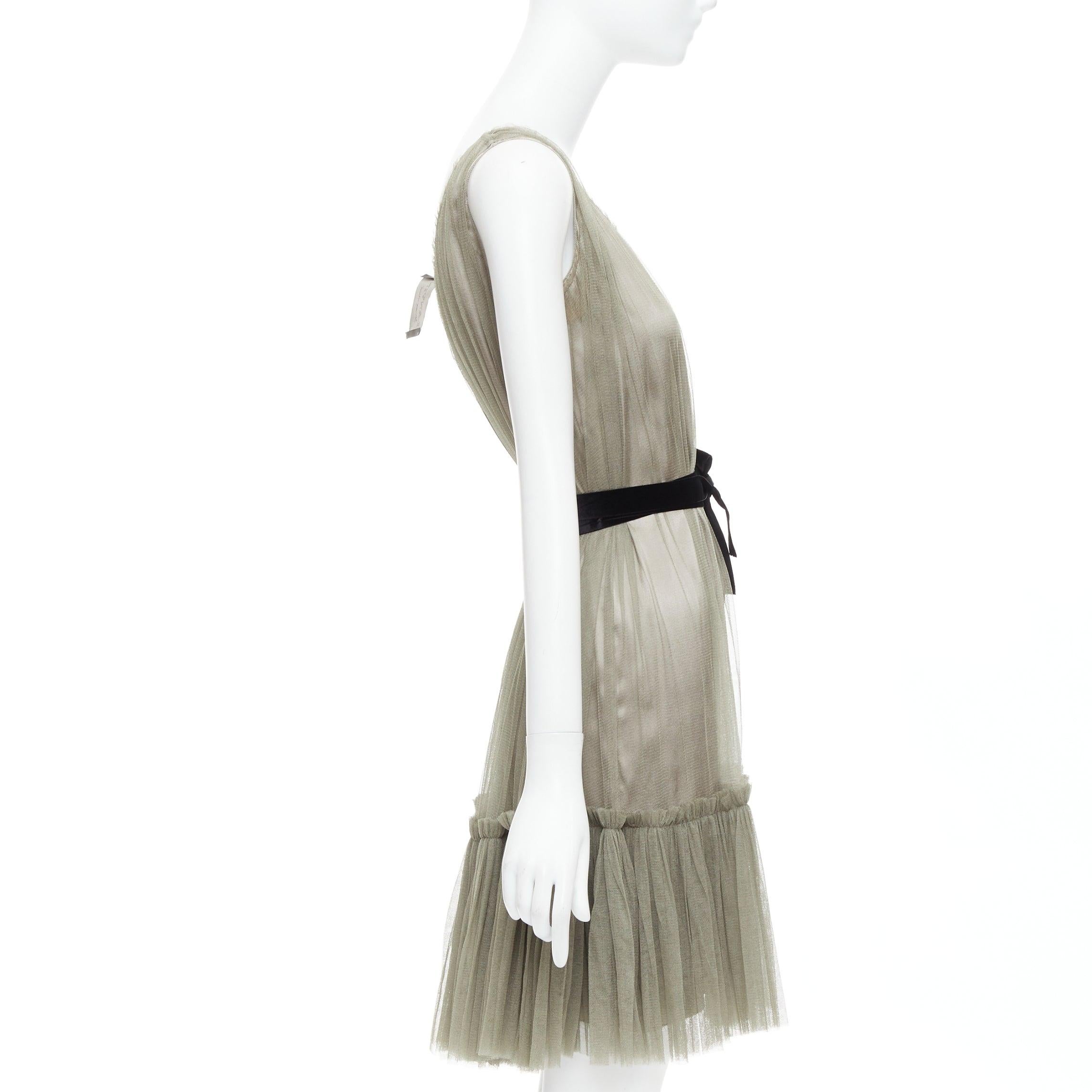 LANVIN 2006 100% silk olive green sheer tulle belted cocktail dress FR36 S In Excellent Condition In Hong Kong, NT