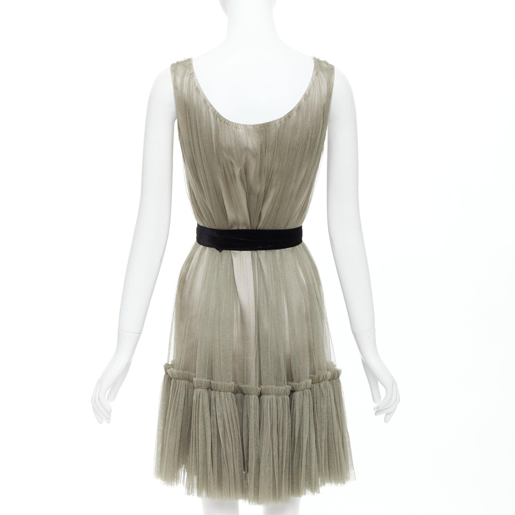 Women's LANVIN 2006 100% silk olive green sheer tulle belted cocktail dress FR36 S
