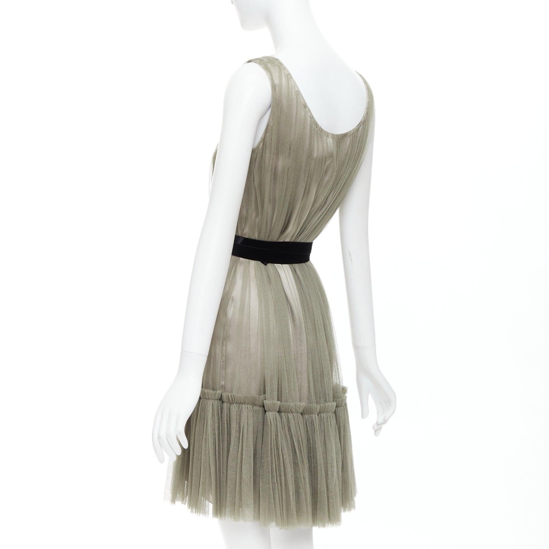 LANVIN 2006 100% silk olive green sheer tulle belted cocktail dress FR36 S 1