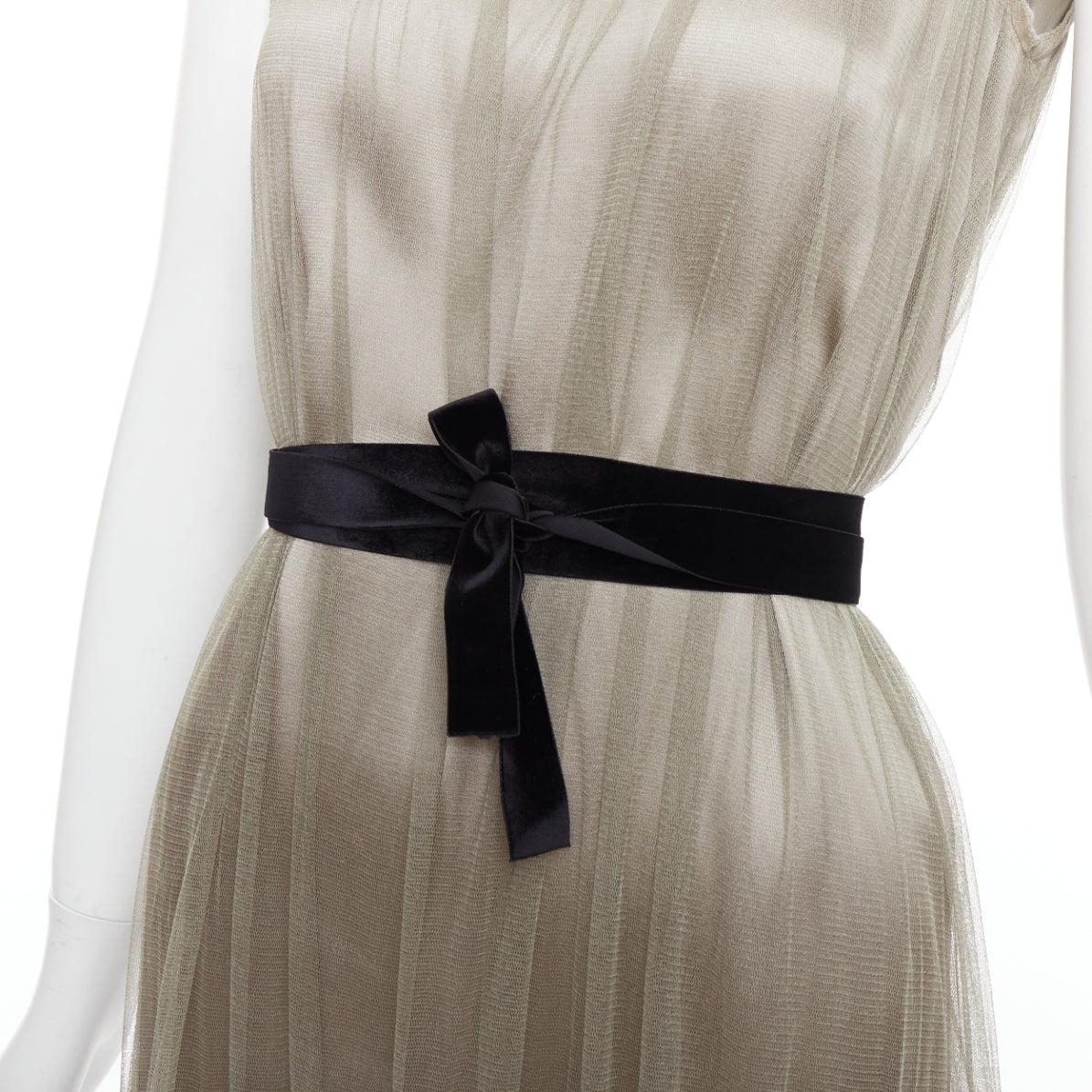 LANVIN 2006 100% silk olive green sheer tulle belted cocktail dress FR36 S 2