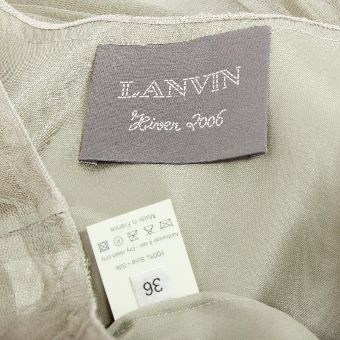 LANVIN 2006 100% silk olive green sheer tulle belted cocktail dress FR36 S 3