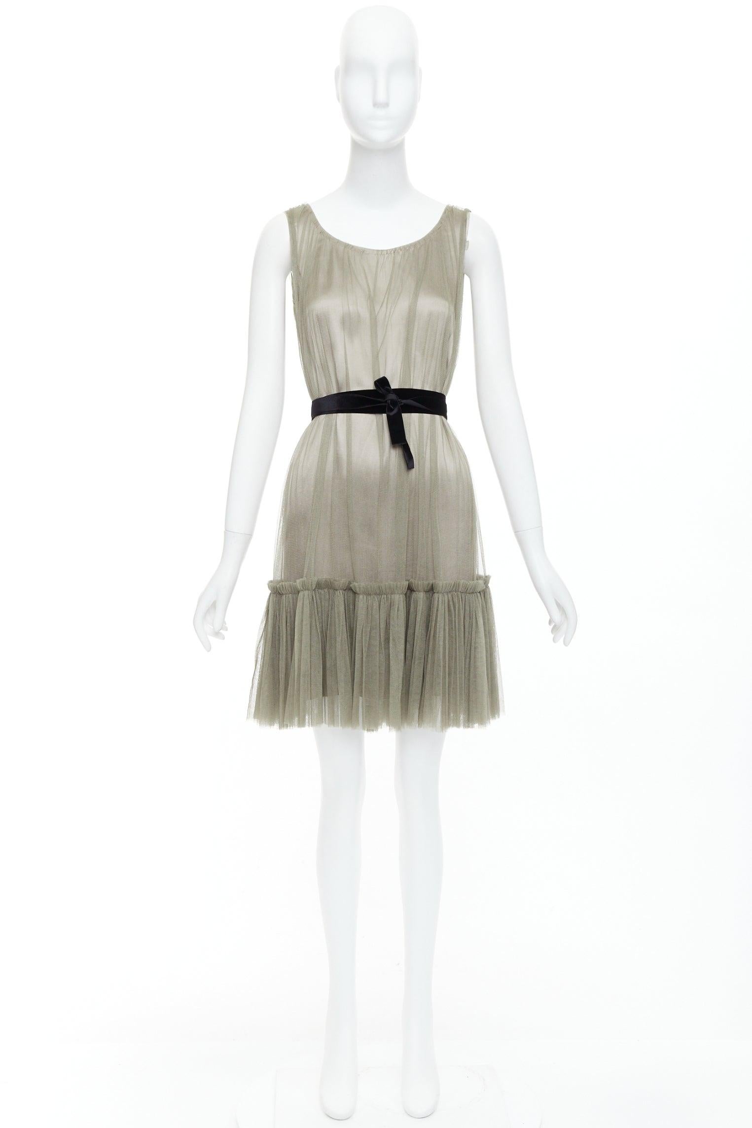 LANVIN 2006 100% silk olive green sheer tulle belted cocktail dress FR36 S 4