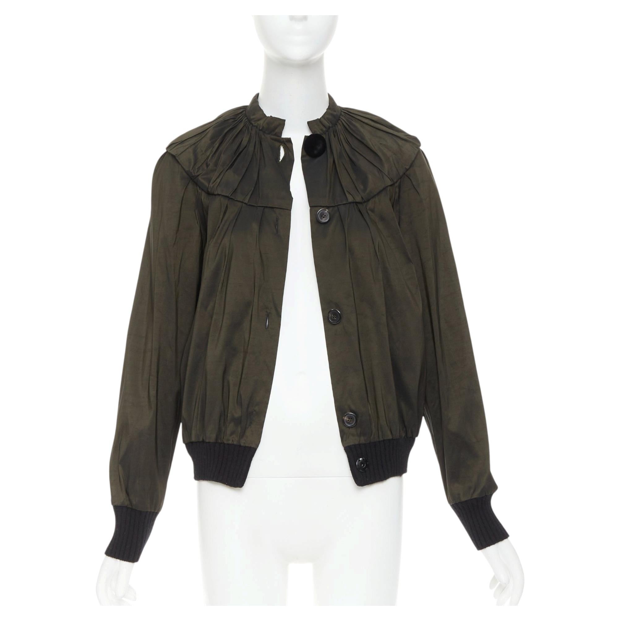 LANVIN 2006 olive green silk blend ruched rib contrast blouse overshirt FR36 S