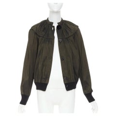 LANVIN 2006 olive green silk blend ruched rib contrast blouse overshirt FR36 S