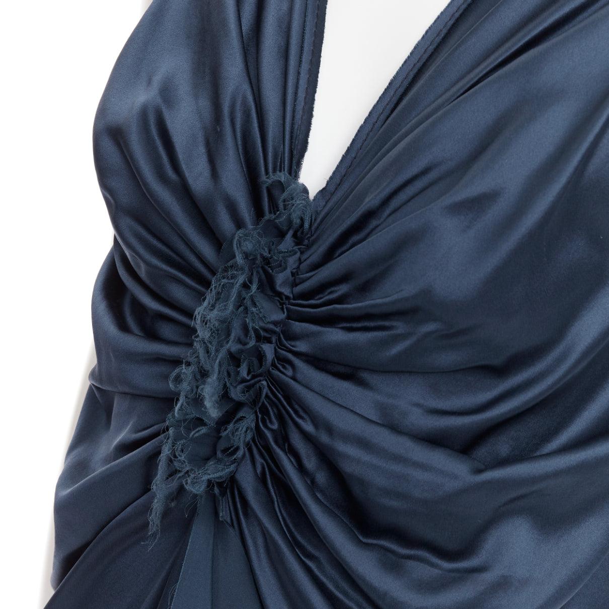 LANVIN 2007  Alber Elbaz  midnight blue silk gathered ruched draped dress FR38 M
Reference: CC/A00446
Brand: Lanvin
Designer: Alber Elbaz
Collection: 2007
Material: Silk
Color: Blue
Pattern: Solid
Closure: Slip On
Extra Details: Raw edge