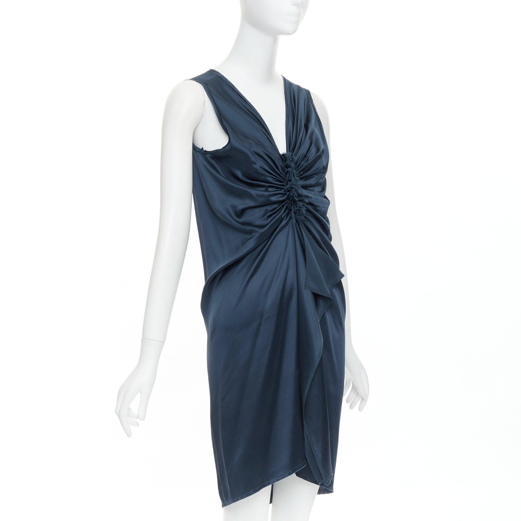Black LANVIN 2007  Alber Elbaz  midnight blue silk gathered ruched draped dress FR38 M For Sale