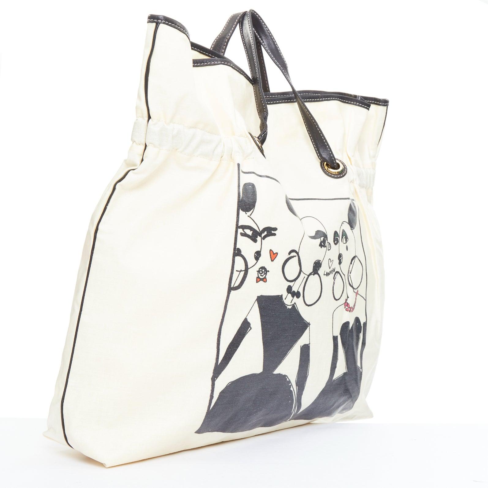 Gray LANVIN 2008 beige coated canvas black drawstring cartoon print tote bag