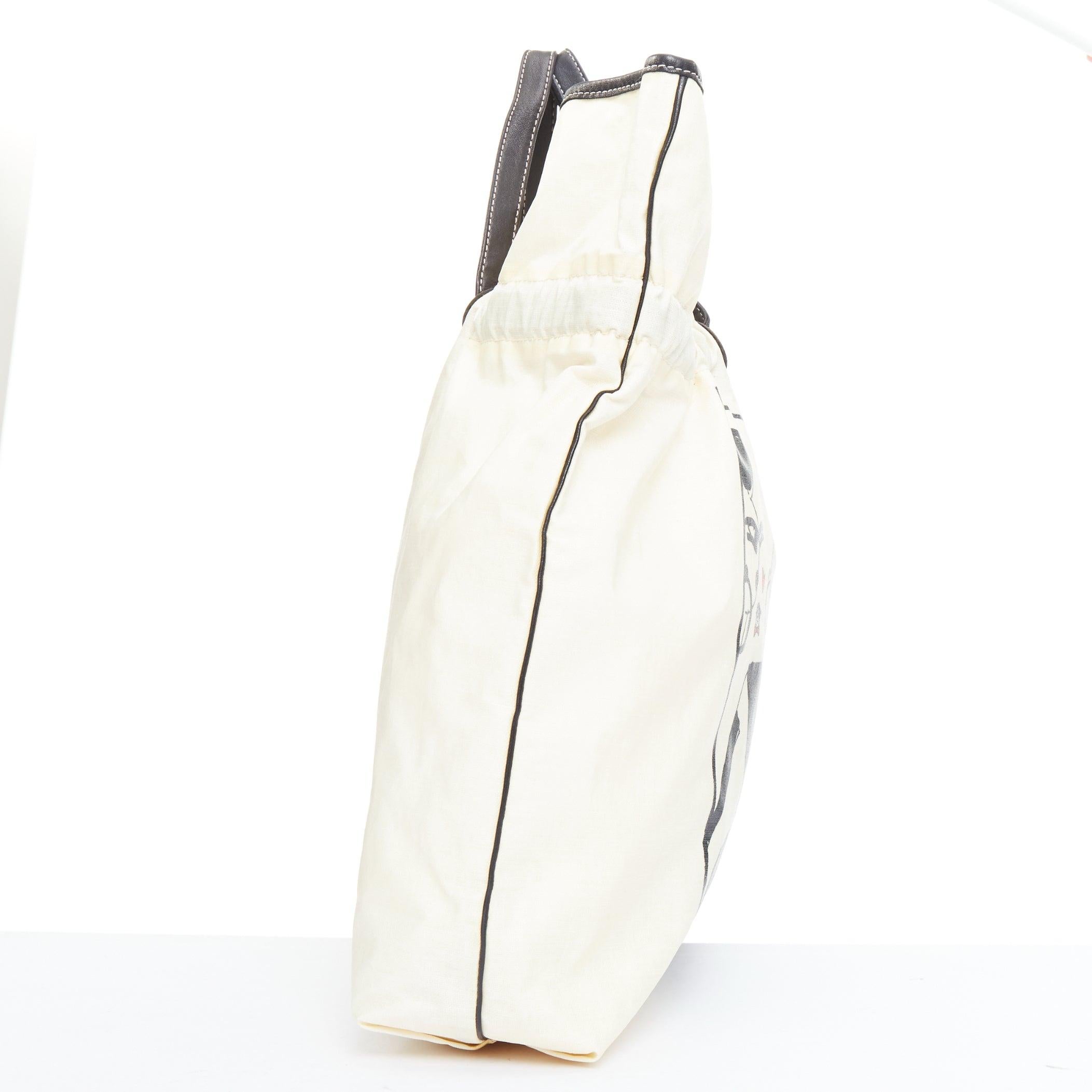 LANVIN 2008 beige coated canvas black drawstring cartoon print tote bag In Fair Condition In Hong Kong, NT