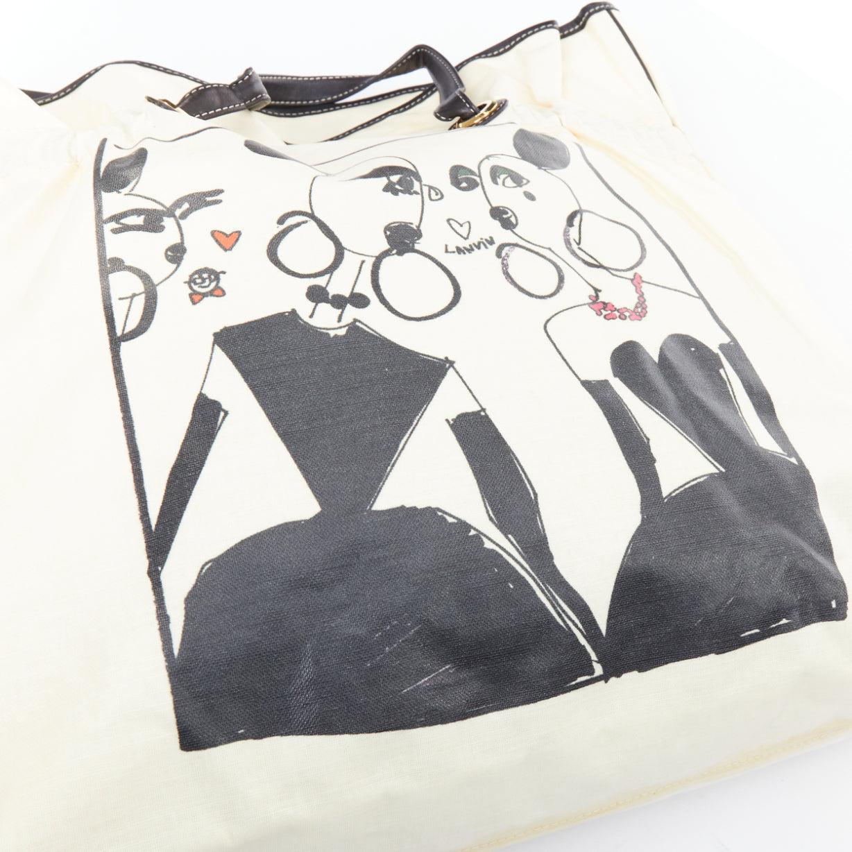 LANVIN 2008 beige coated canvas black drawstring cartoon print tote bag 2