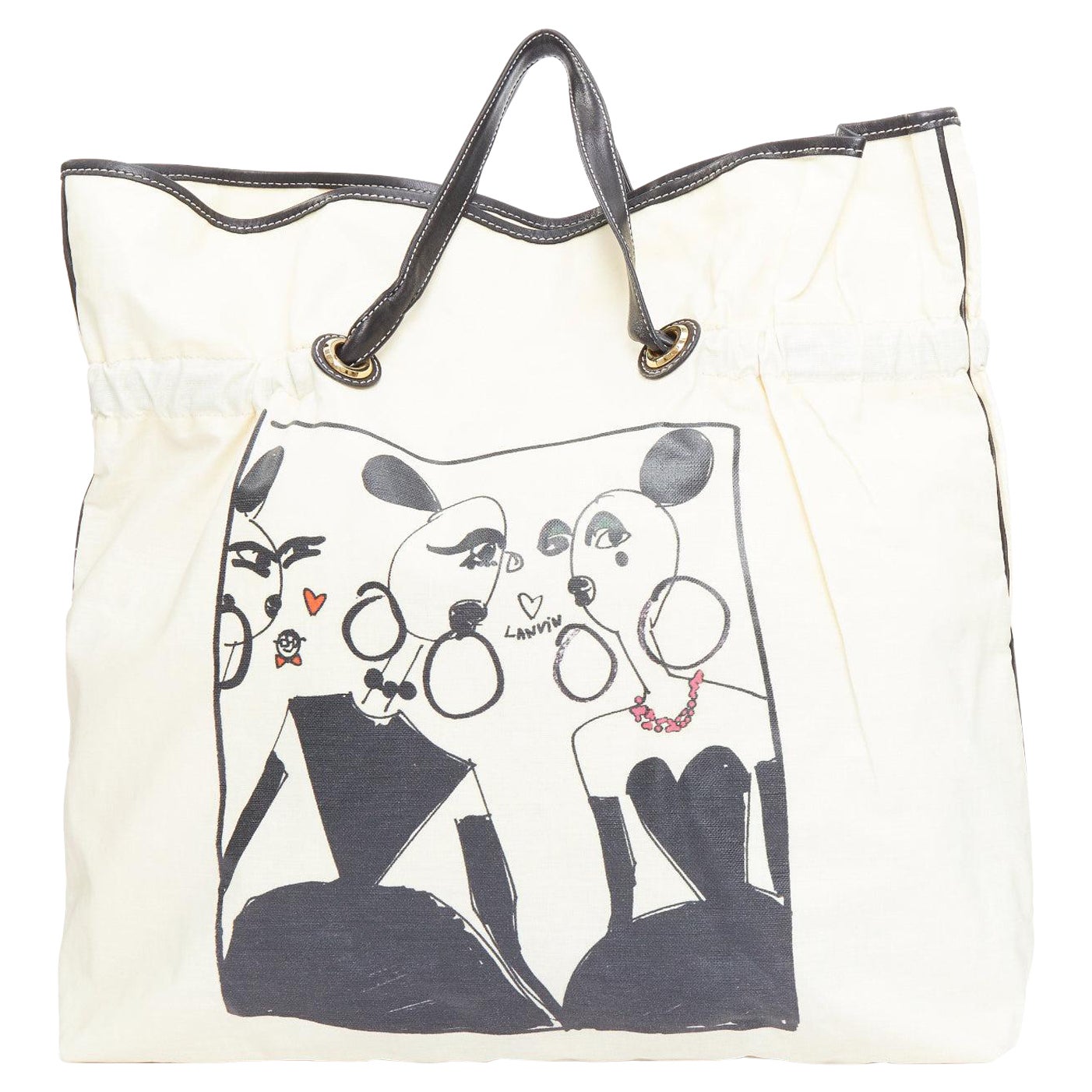 LANVIN 2008 beige coated canvas black drawstring cartoon print tote bag