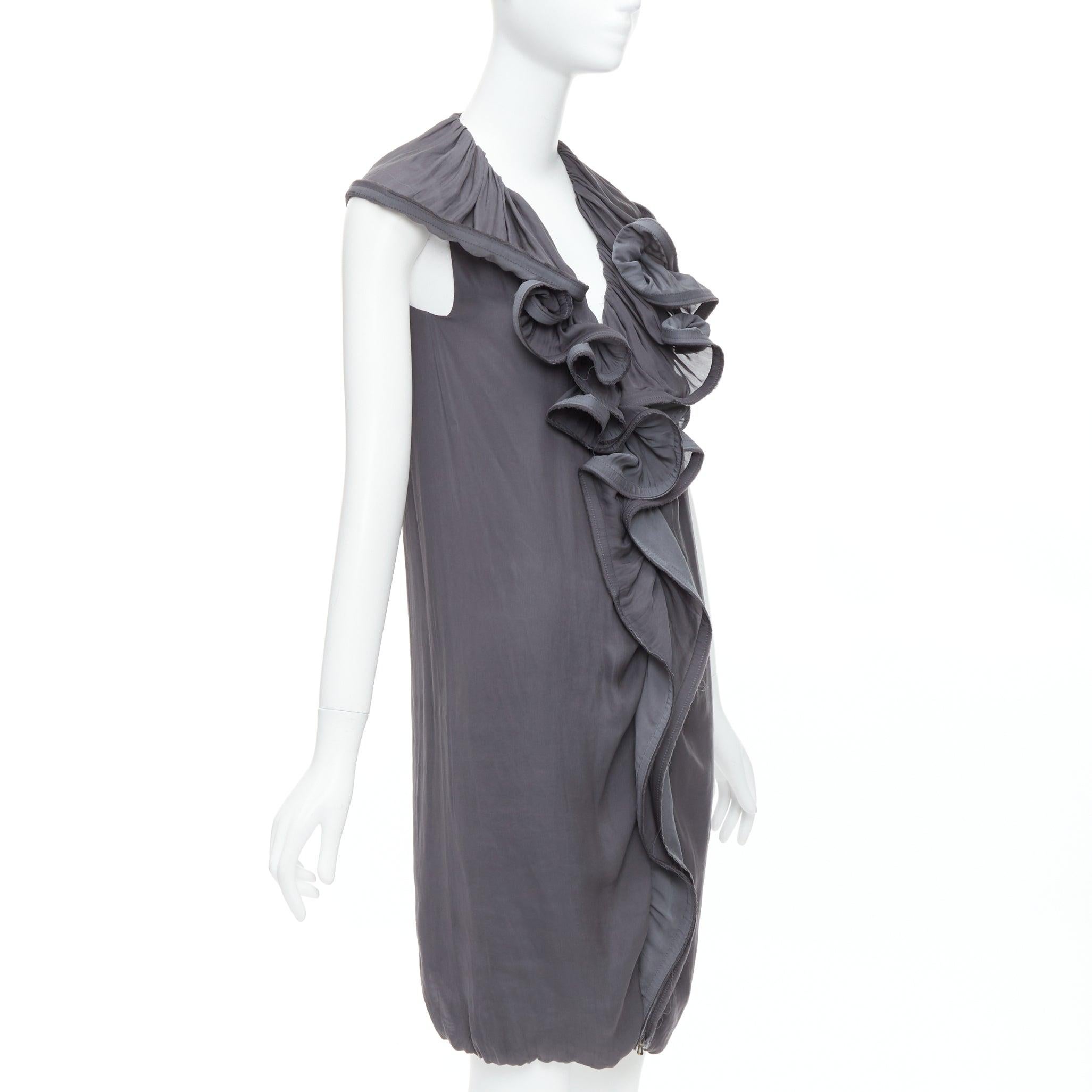 Gray LANVIN 2008 grey silky trimmed ruffle collar V neck knee dress FR34 XS For Sale