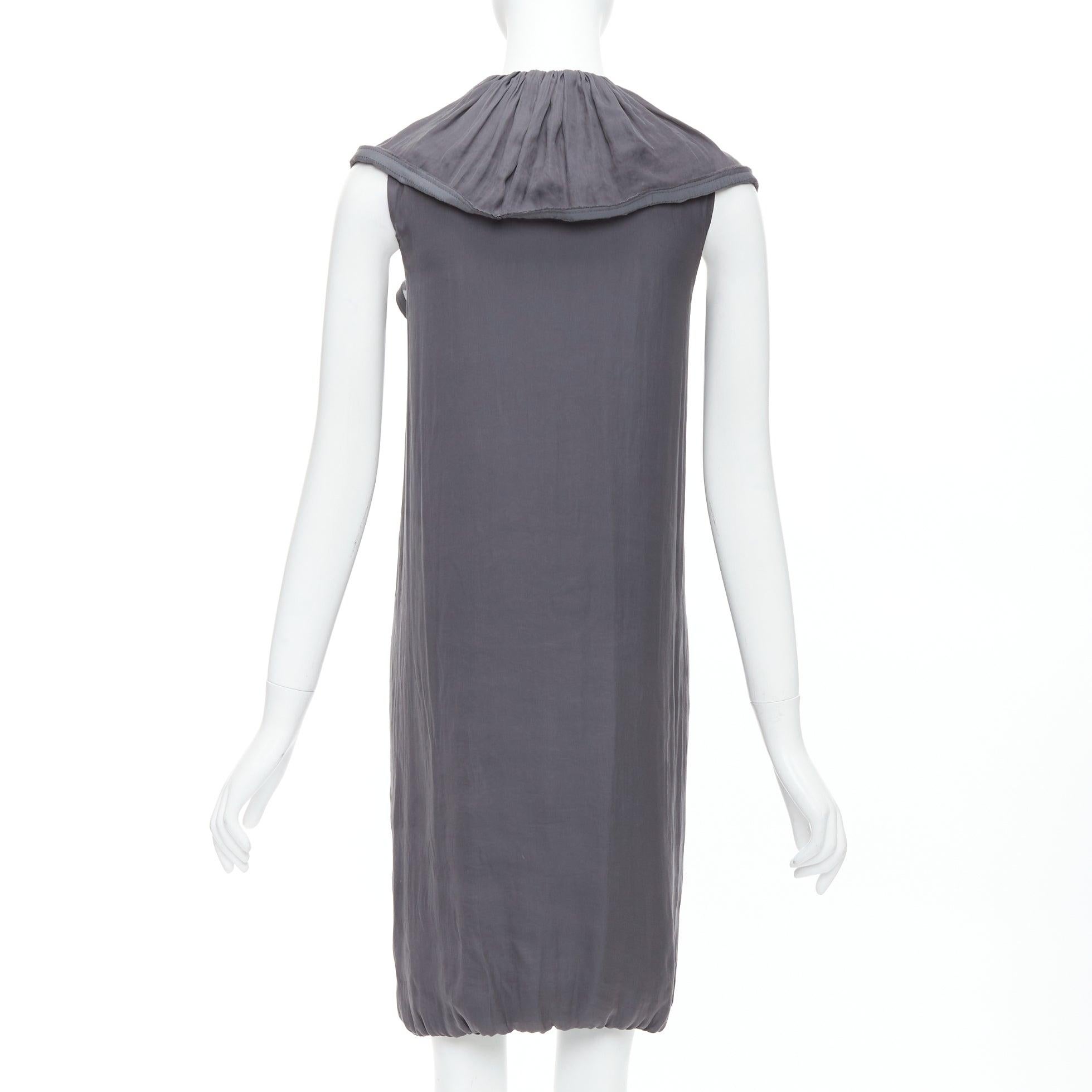 Women's LANVIN 2008 grey silky trimmed ruffle collar V neck knee dress FR34 XS For Sale