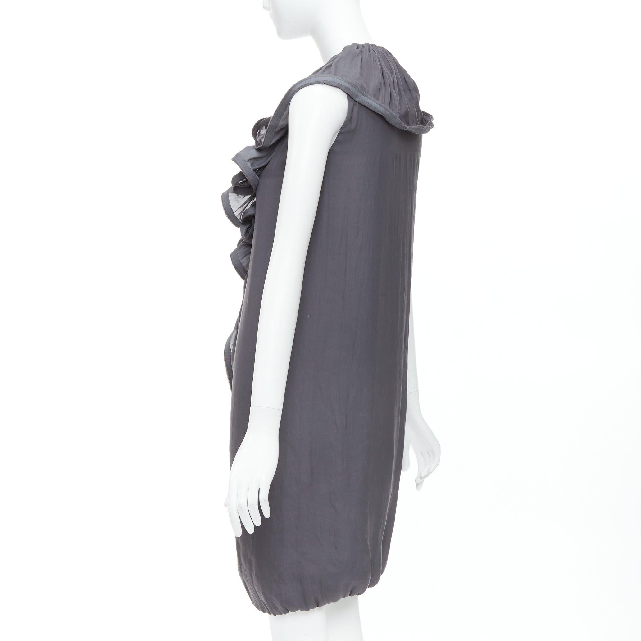 LANVIN 2008 grey silky trimmed ruffle collar V neck knee dress FR34 XS For Sale 1