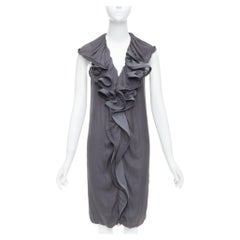 LANVIN 2008 grey silky trimmed ruffle collar V neck knee dress FR34 XS