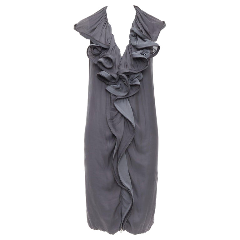 LANVIN 2008 grey silky trimmed ruffle collar V neck knee dress FR34 XS