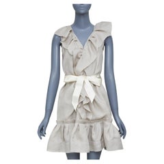 LANVIN 2008 light grey ruffle silk sleeveless bow belted mini dress FR34 XS