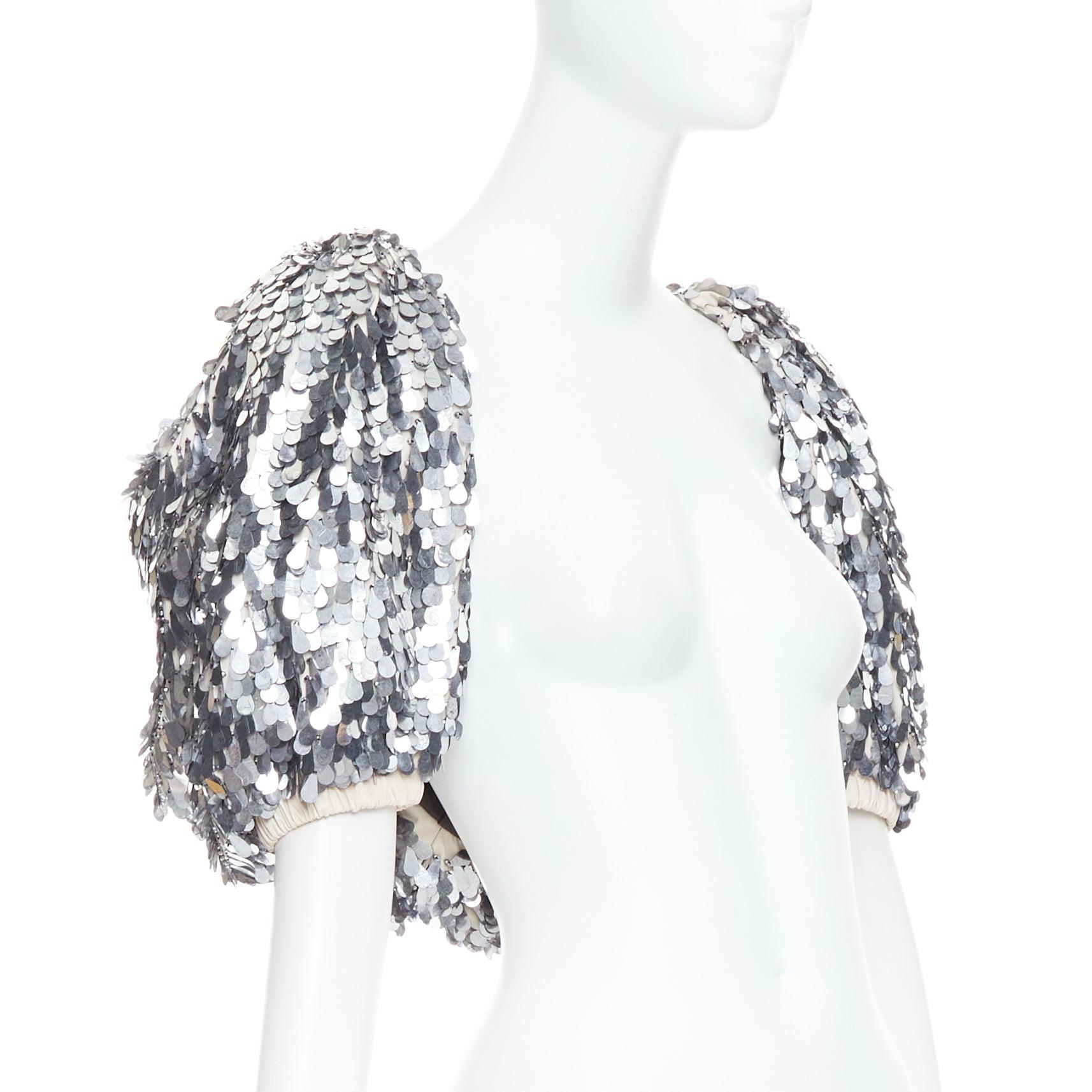 Silver LANVIN 2008 Runway silver droplet pailettes sequin puff sleeve cropped jacket For Sale
