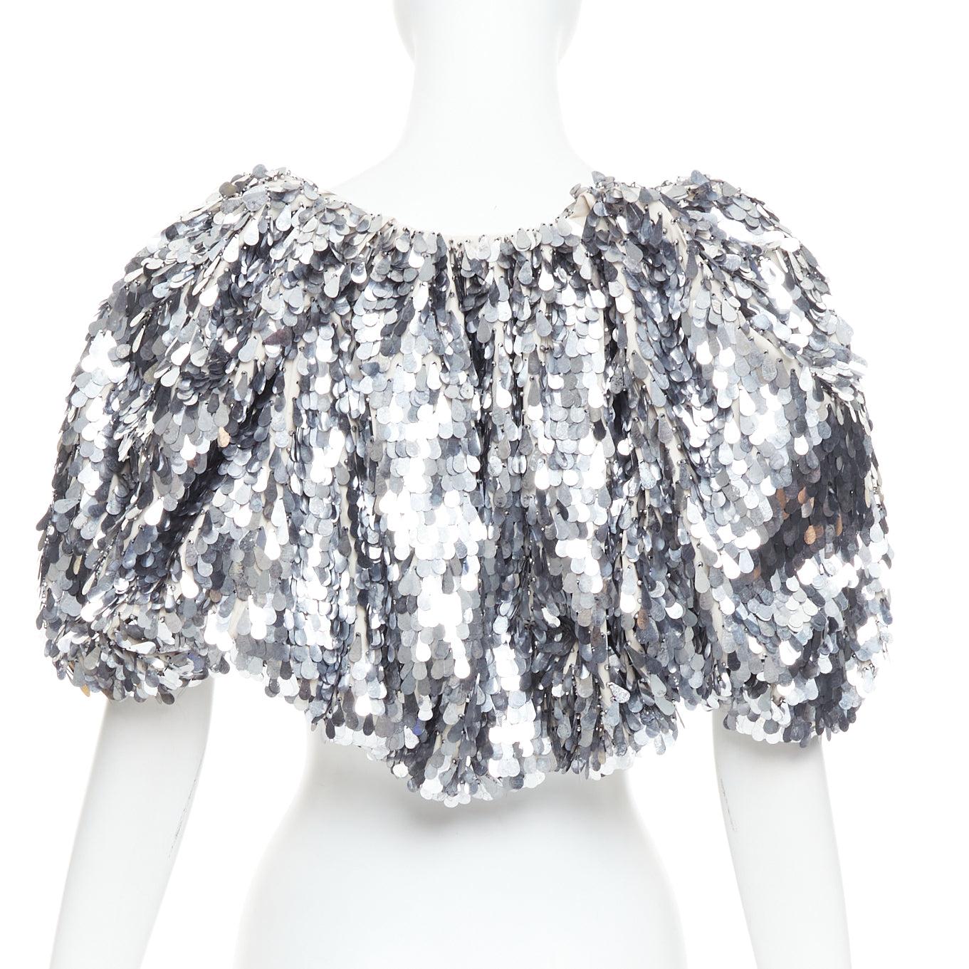 Women's LANVIN 2008 Runway silver droplet pailettes sequin puff sleeve cropped jacket For Sale