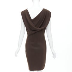 LANVIN 2010 100% wool brown bateau neck draped knee length dress FR38 M