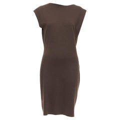 LANVIN 2010 100% wool brown bateau neck draped knee length dress FR38 M