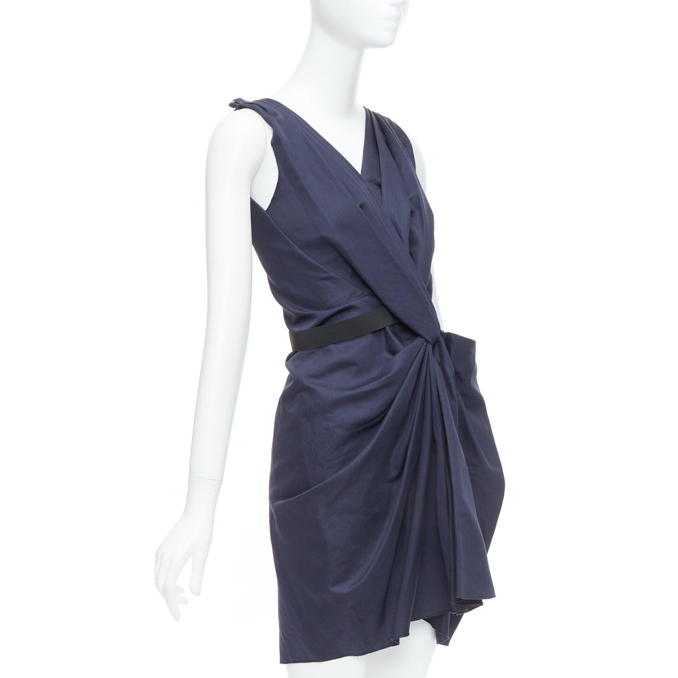 Black LANVIN 2010 navy ramie cotton drape black belted mini dress FR36 S For Sale