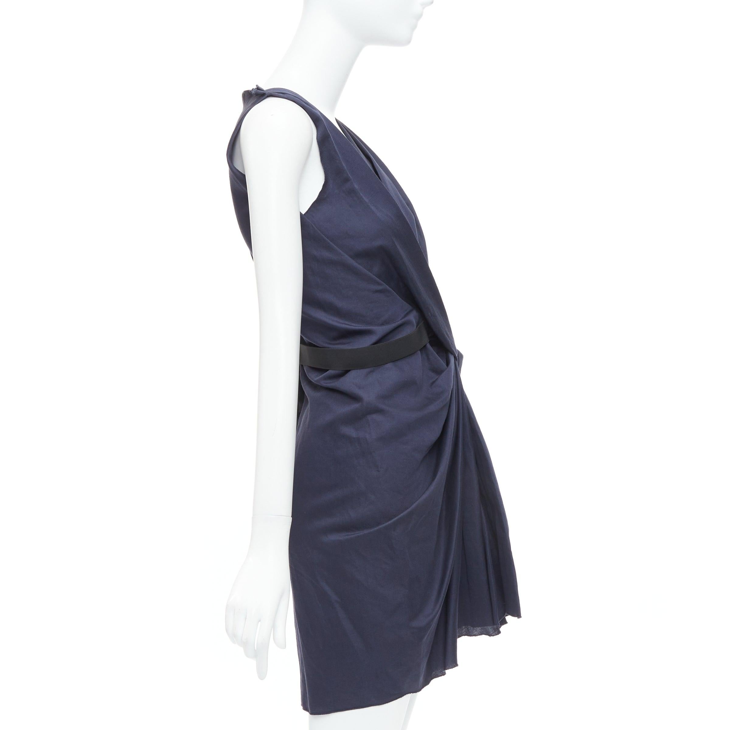 LANVIN 2010 navy ramie cotton drape black belted mini dress FR36 S In Good Condition For Sale In Hong Kong, NT