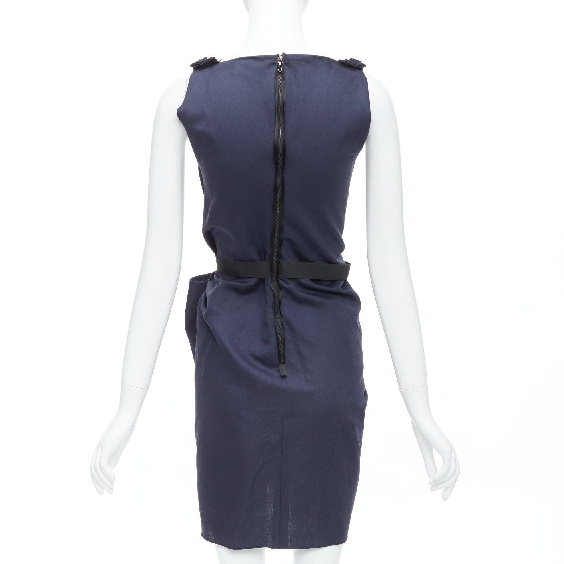 Women's LANVIN 2010 navy ramie cotton drape black belted mini dress FR36 S For Sale