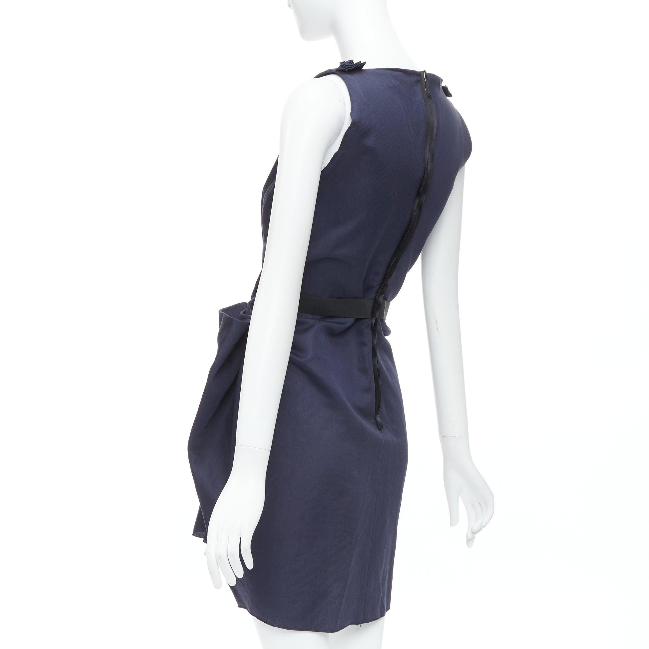 LANVIN 2010 navy ramie cotton drape black belted mini dress FR36 S For Sale 1