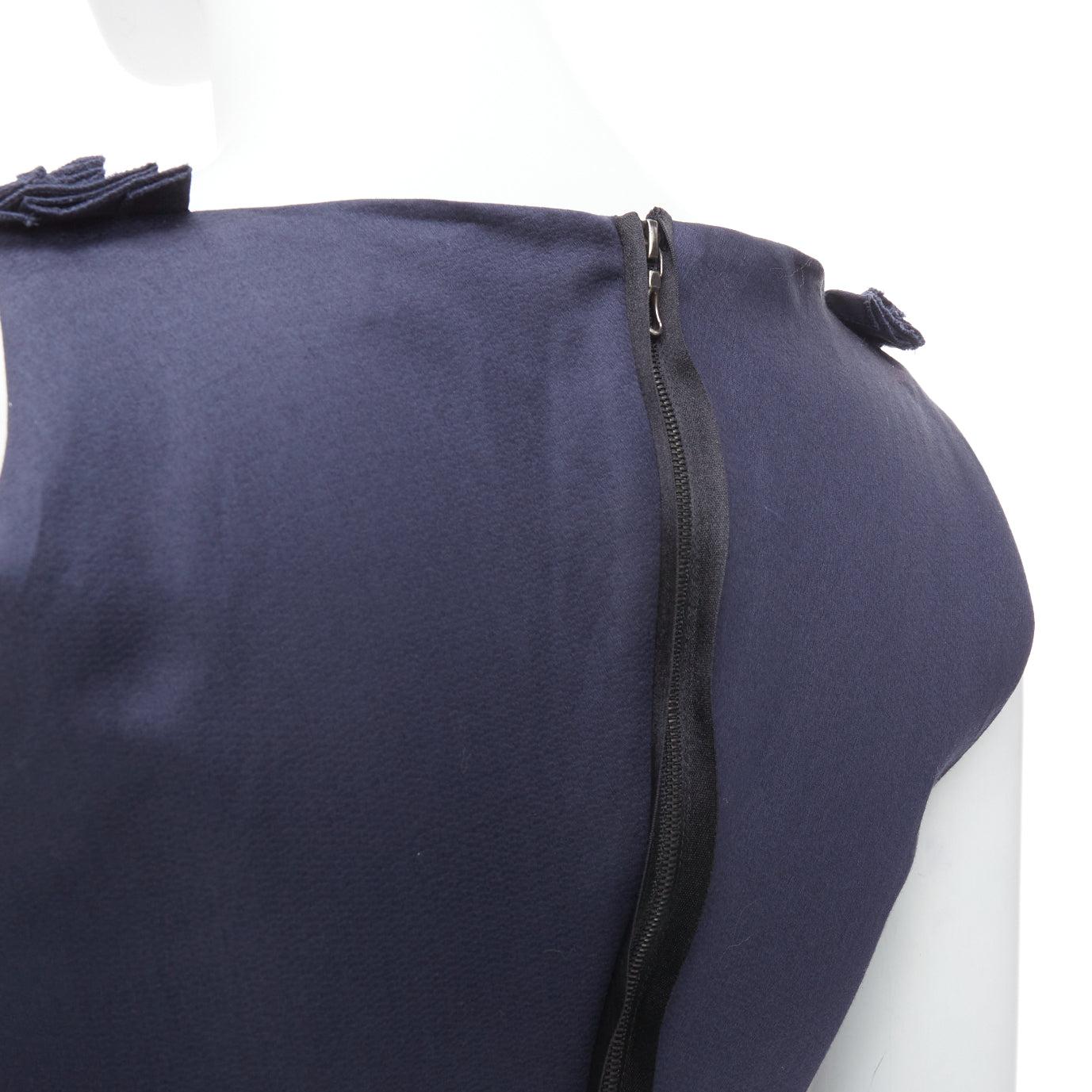 LANVIN 2010 navy ramie cotton drape black belted mini dress FR36 S For Sale 2