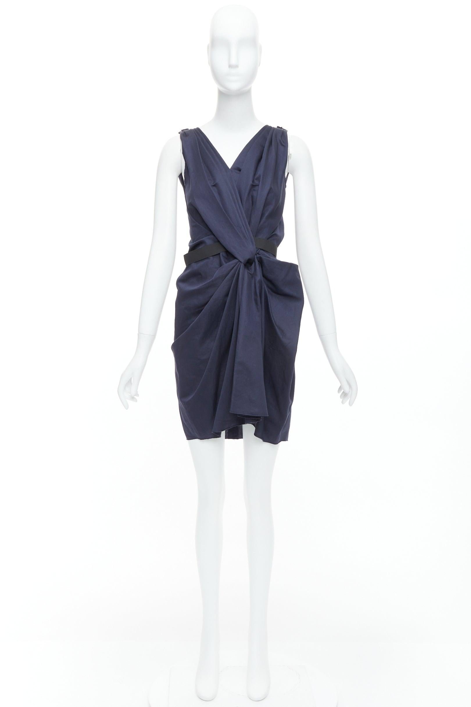 LANVIN 2010 navy ramie cotton drape black belted mini dress FR36 S For Sale 4
