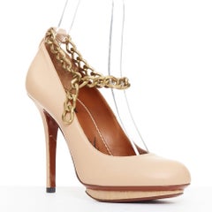 LANVIN 2010 Runway nude leather gold chunky chain wooden platform pumps EU36.5