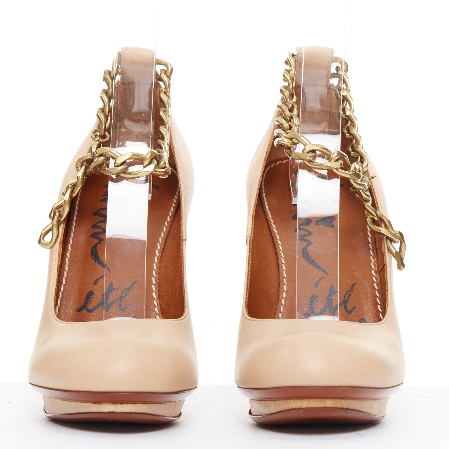 Gold LANVIN 2010 Runway nude leather gold chunky chain wooden platform pumps EU36.5 For Sale
