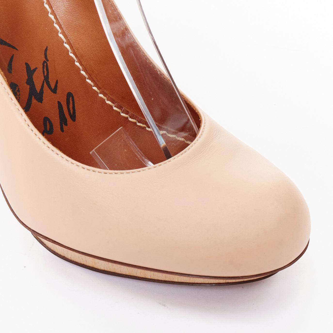 LANVIN 2010 Runway nude leather gold chunky chain wooden platform pumps EU36.5 For Sale 2