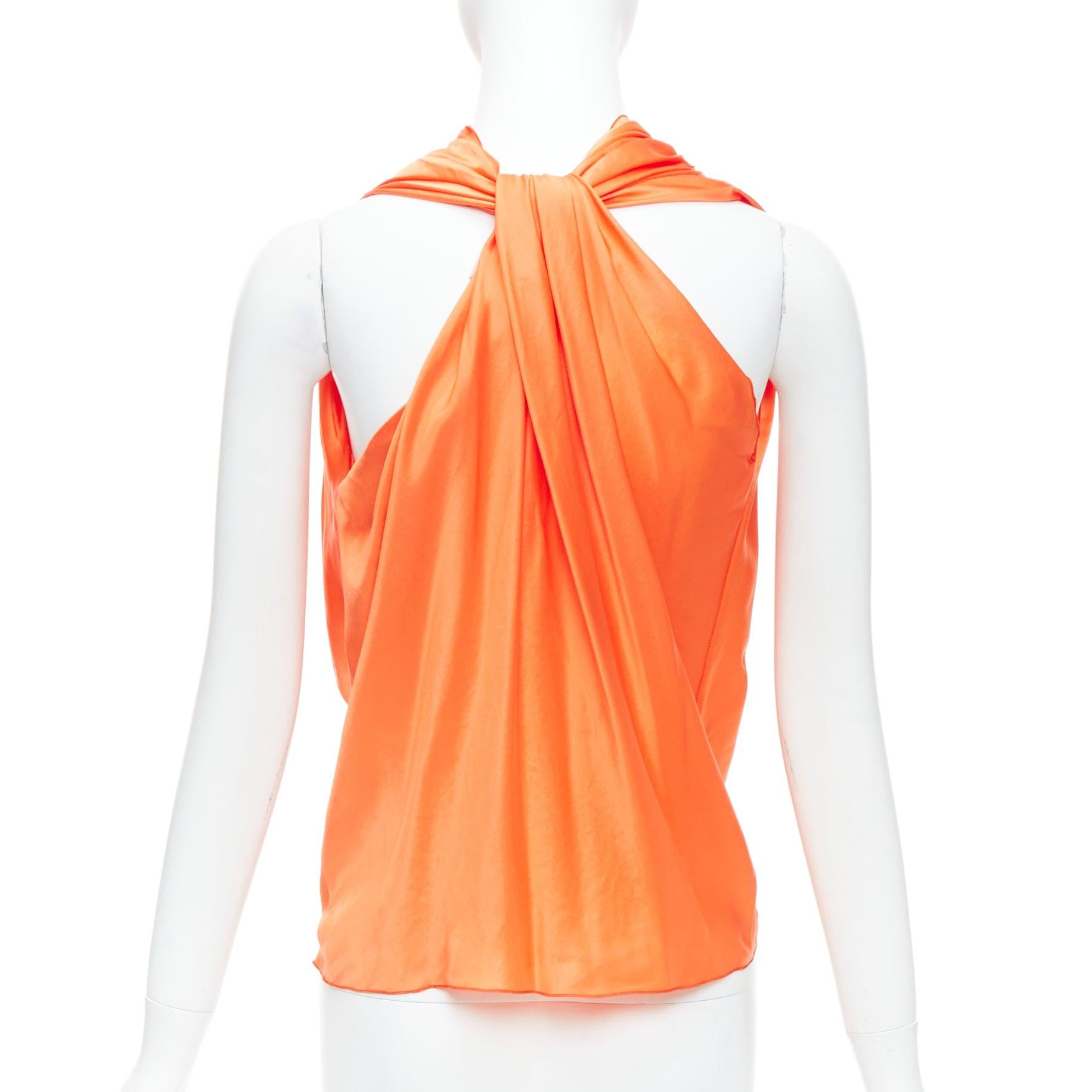 Women's LANVIN 2010 tangerine orange 100% silk cowl neck draped top FR36 S