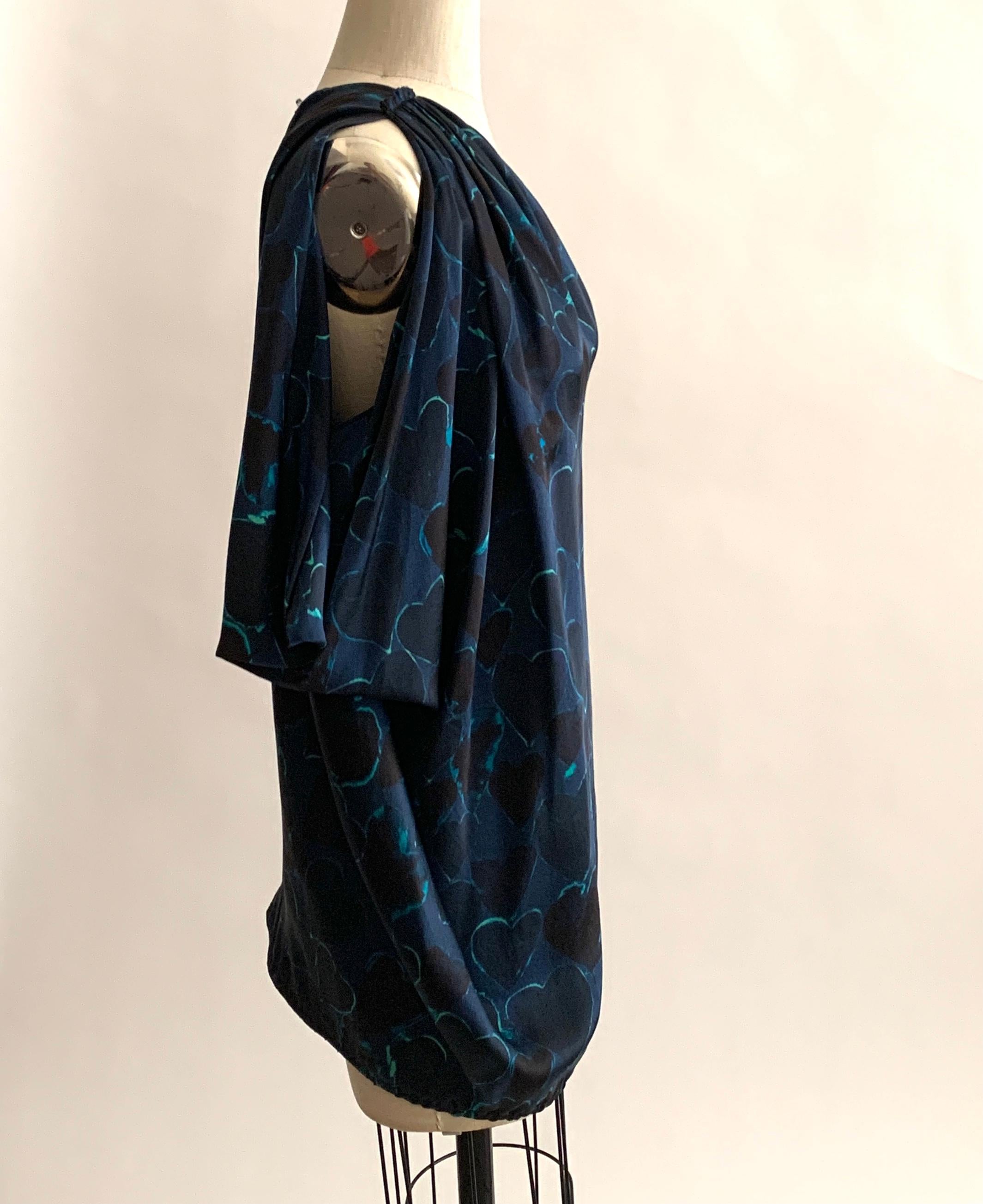 Lanvin 2010s Silk Heart Print Blue Black Green One Shoulder Top In Good Condition For Sale In San Francisco, CA