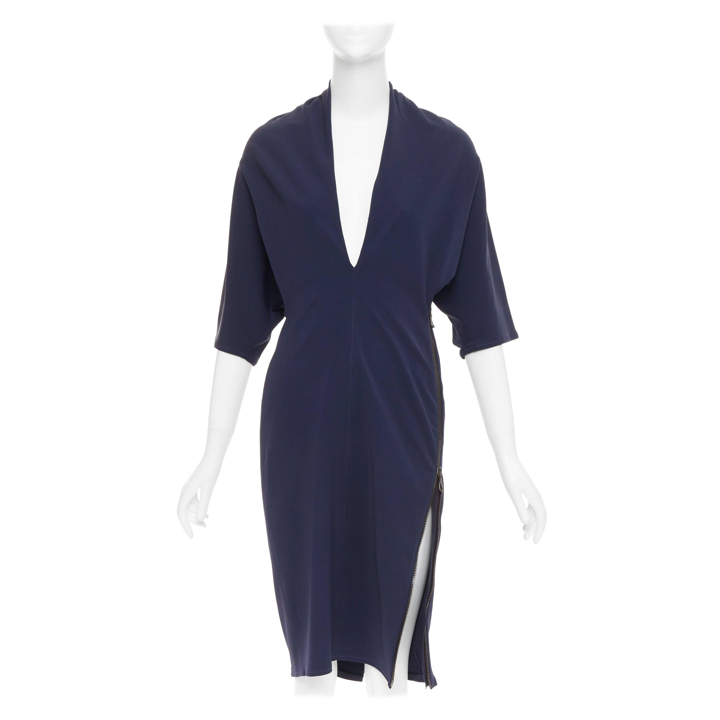 LANVIN 2011 Alber Elbaz Marinefarbenes drapiertes Kleid mit V-Ausschnitt und seitlichem Reißverschluss FR40 L