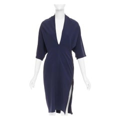 LANVIN 2011 Alber Elbaz Marinefarbenes drapiertes Kleid mit V-Ausschnitt und seitlichem Reißverschluss FR40 L