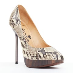 LANVIN 2011 beige scaled leather brown wood platform pumps EU36.5