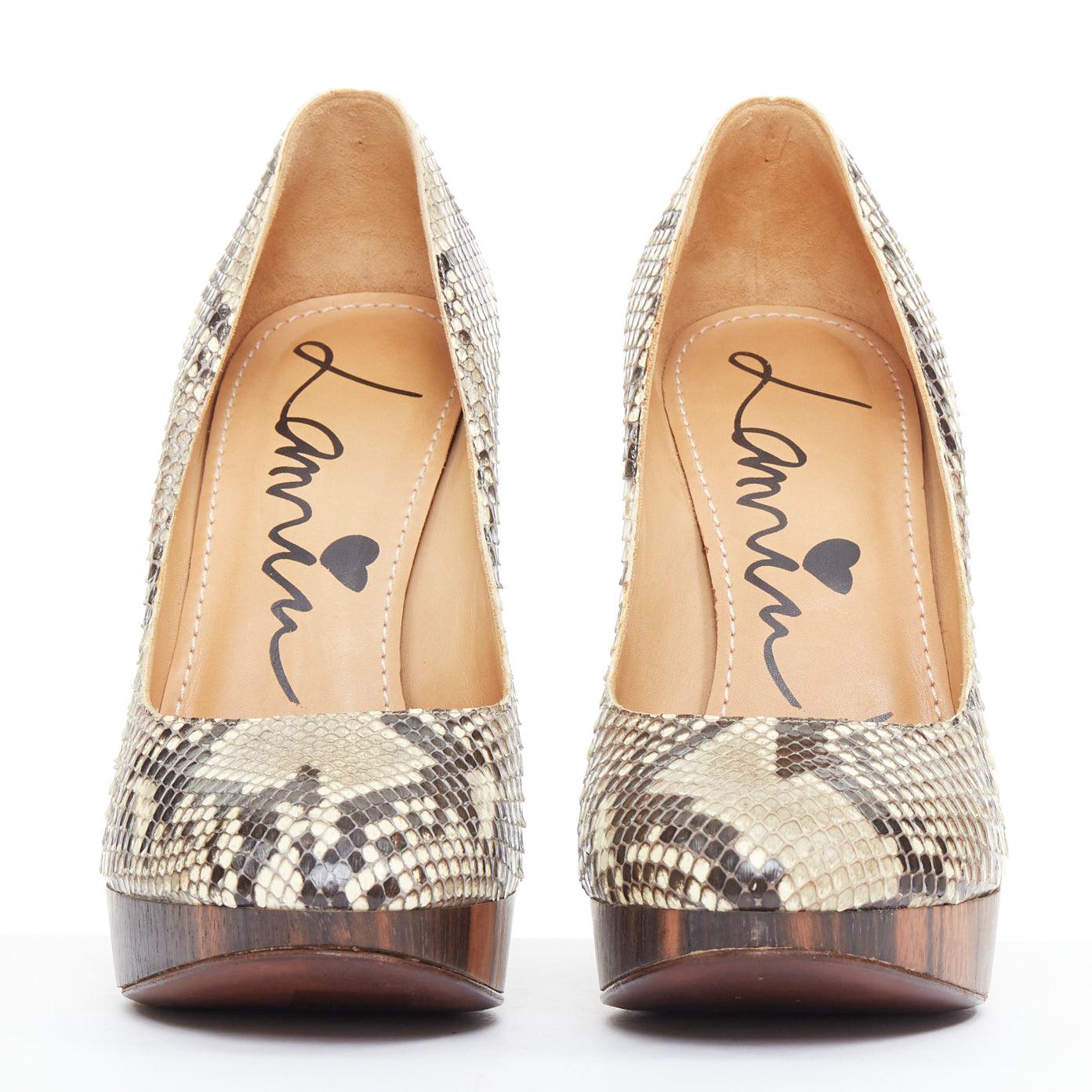 Beige LANVIN 2011 beige scaled leather brown wood platform pumps EU36.5 For Sale