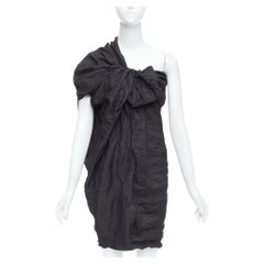LANVIN 2011 black ramie metal blend one shoulder bow mini dress FR36 S