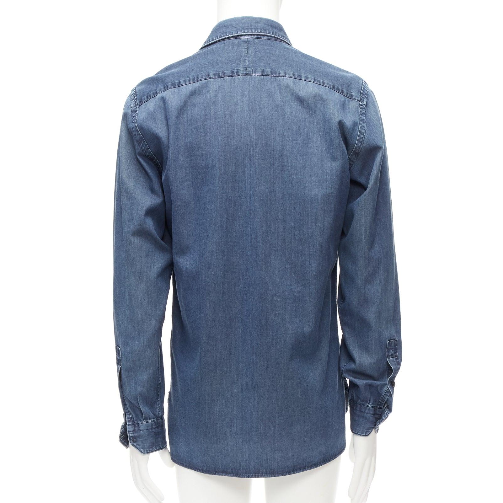 Men's LANVIN 2011 blue cotton denim washed detail high low casual shirt M For Sale
