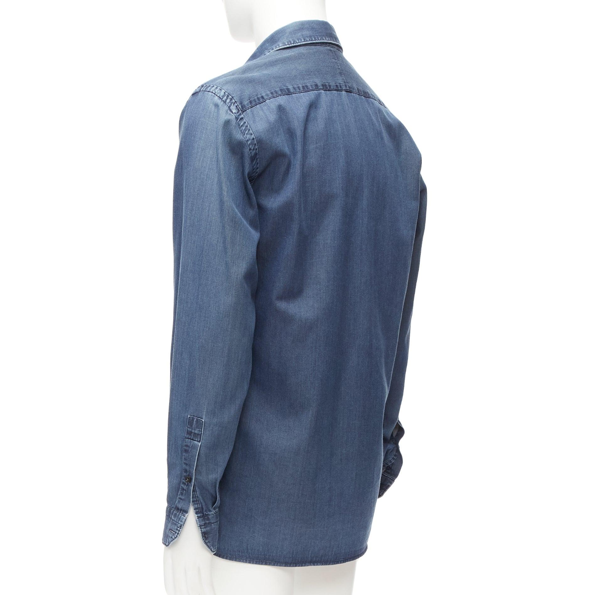 LANVIN 2011 blue cotton denim washed detail high low casual shirt M For Sale 1