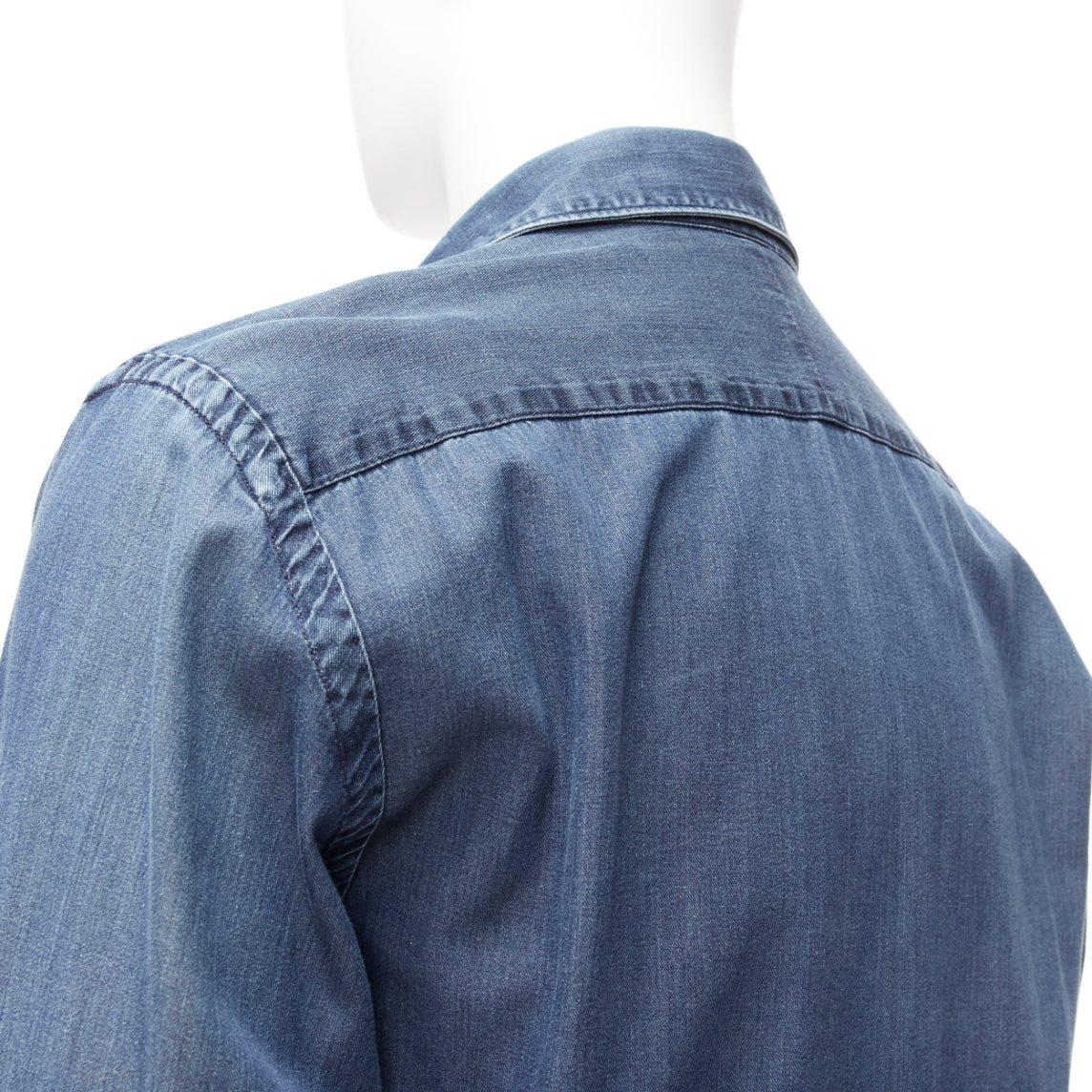 LANVIN 2011 blue cotton denim washed detail high low casual shirt M For Sale 2
