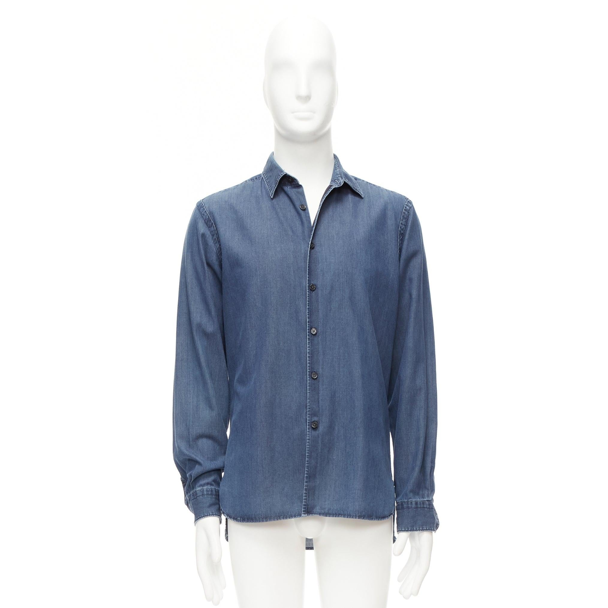 LANVIN 2011 blue cotton denim washed detail high low casual shirt M For Sale 5