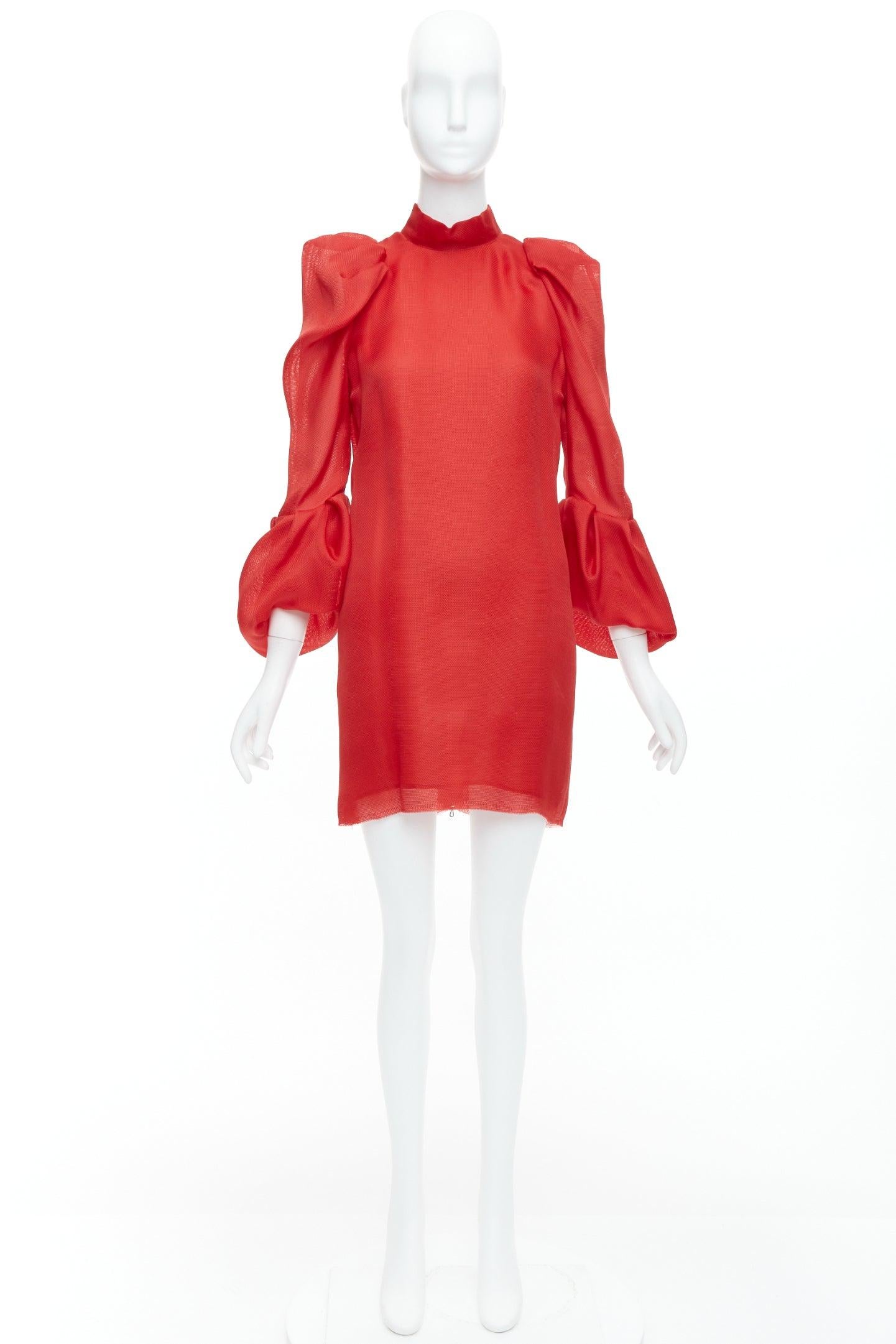 LANVIN 2011 Runway 100% silk red puff sleeve mini dress FR34 XS For Sale 4