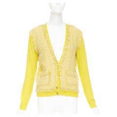 LANVIN 2013 marigold yellow linen frayed tweed pearl button cardigan M