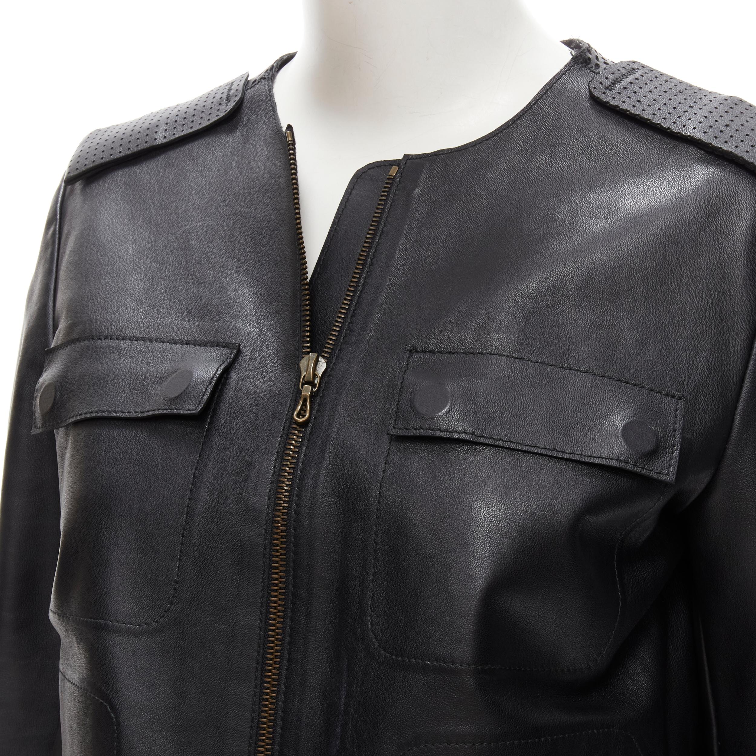 LANVIN 2014 Alber Elbaz black lambskin leather perforated 4 pocket jacket FR36 S
Brand: Lanvin
Designer: Alber Elbaz
Material: Leather
Color: Black
Pattern: Solid
Closure: Zip
Extra Detail: Perforated detail along shoulder. Decorative shoulder