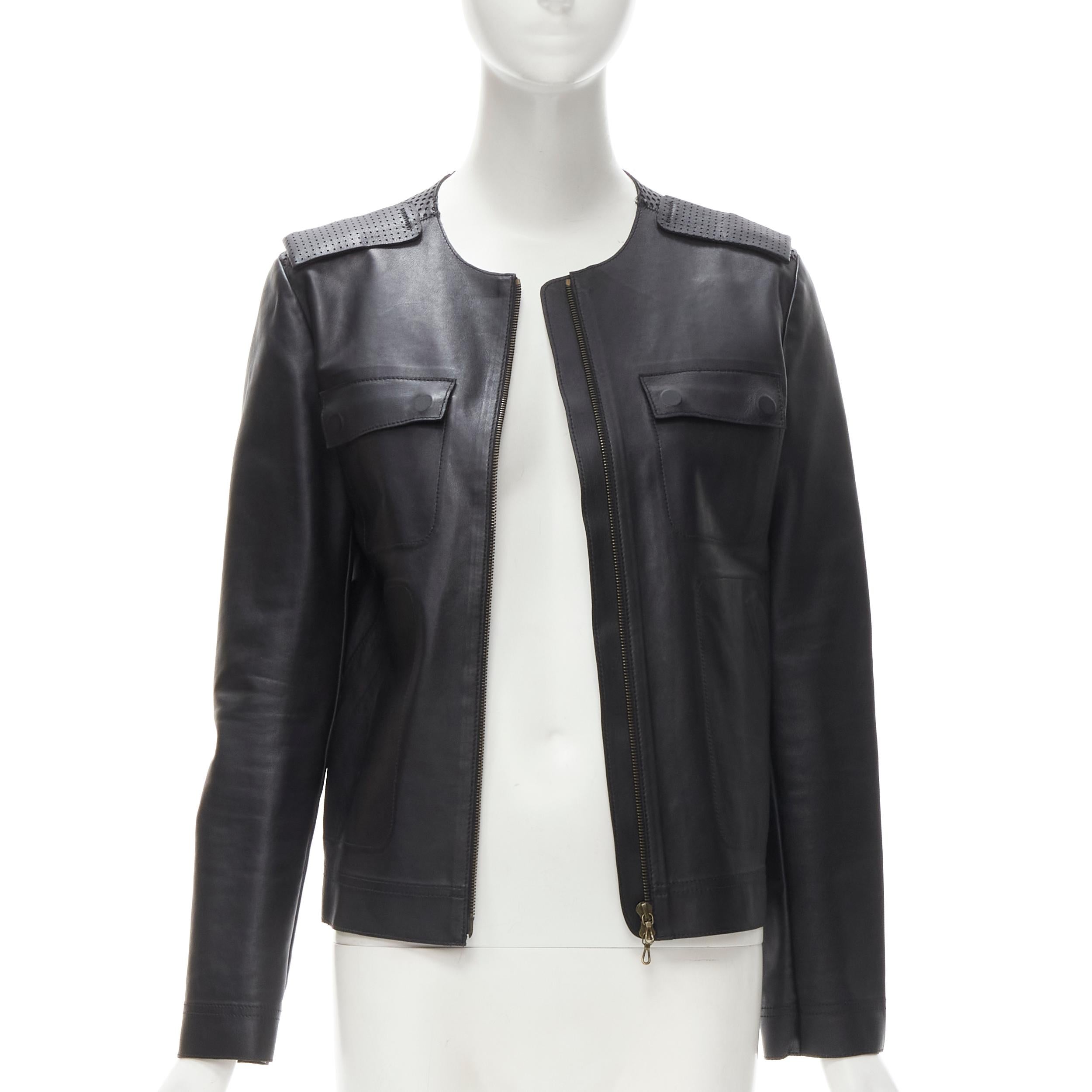 LANVIN 2014 Alber Elbaz black lambskin leather perforated 4 pocket jacket FR36 S In Good Condition In Hong Kong, NT