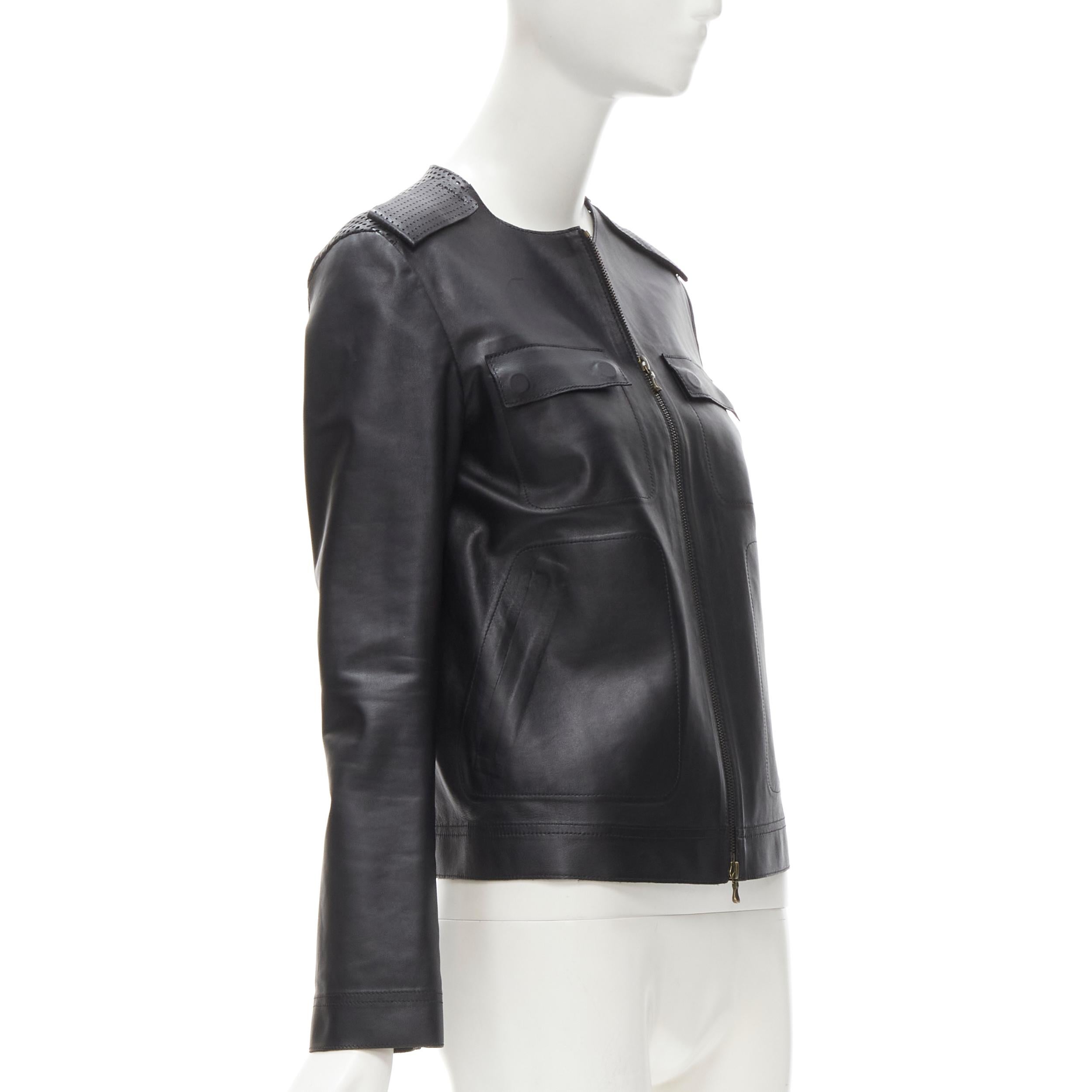 Women's LANVIN 2014 Alber Elbaz black lambskin leather perforated 4 pocket jacket FR36 S